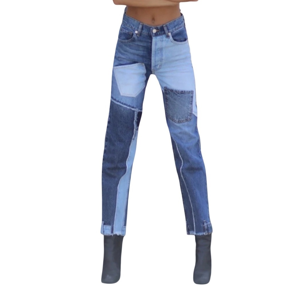 REVICE Matchmaker Love at
First Sight Blue Jeans Patchwork Crop Button Fly EUC - Picture 1 of 14